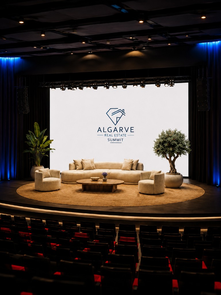 Main Stage em formato talk show: sofá e poltronas em creme, tapete circular e ecrã com o logótipo do Summit.